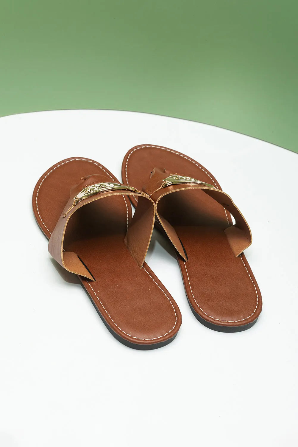 Chestnut Metal Décor Leather Thong Slippers - Chic Meadow Boutique 