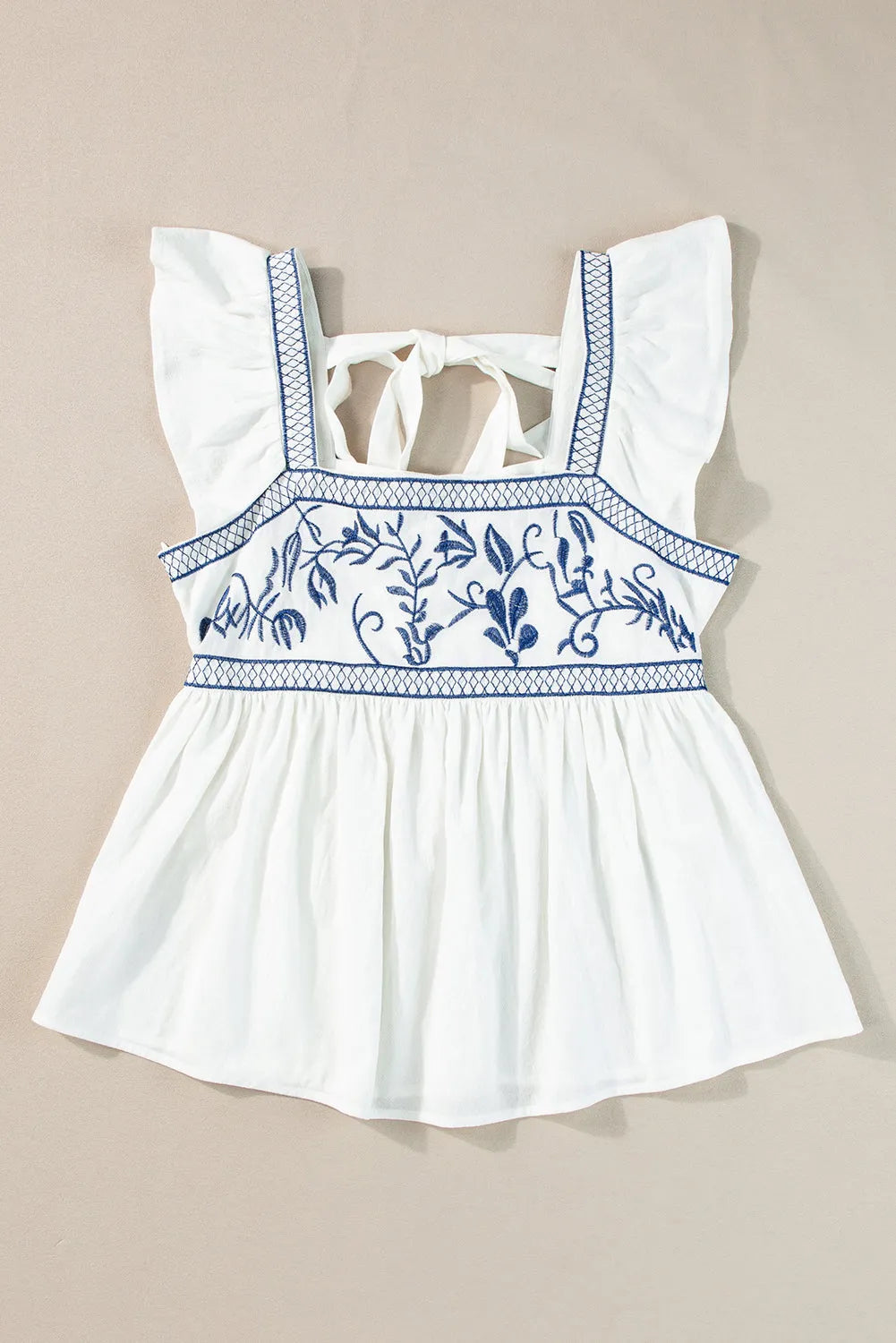 White Embroidered Bust Square Neck Peplum Blouse - Chic Meadow Boutique 