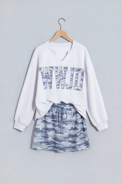 Gray Camo Letter Print Lounge Long Sleeve Top Skort 2pcs Set
