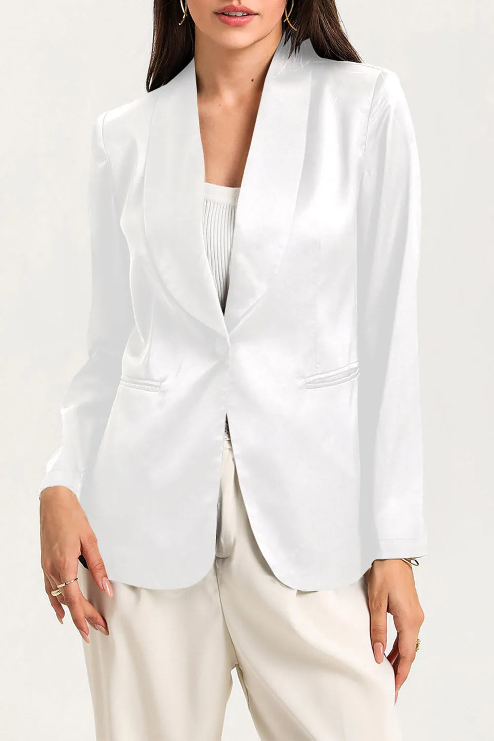 White Collared Neck Single Breasted Blazer with Pockets - Chic Meadow Boutique 