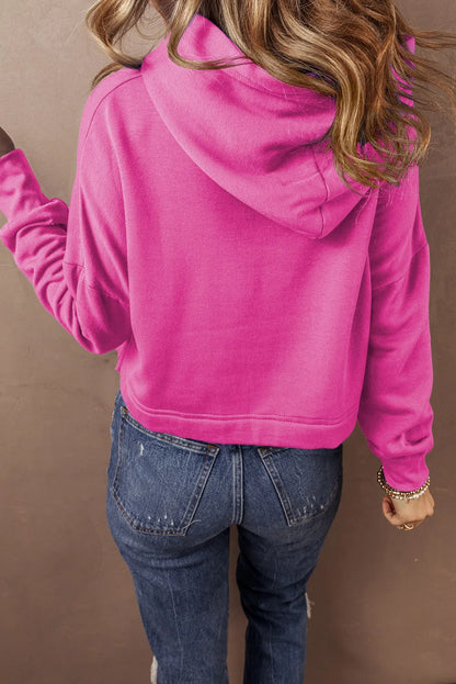 Sachet Pink Solid Drop Shoulder Drawstring Cropped Hoodie - Chic Meadow Boutique 