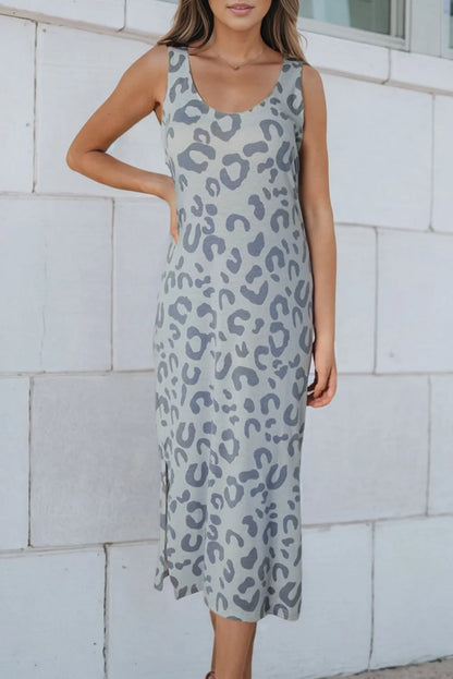 Gray Leopard Print Sleeveless Maxi Dress - Chic Meadow Boutique 