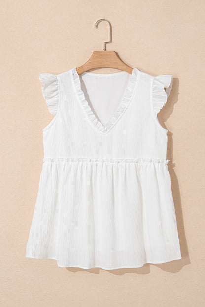 White Textured Ruffled Trim V Neck Flutter Flowy Top