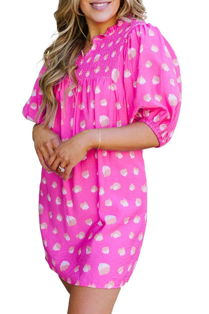 Bright Pink Printed Shirred Yoke Half Puff Sleeve Dress - Chic Meadow Boutique 