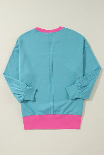 Light Blue Colorblock Patchwork Crew Neck Loose Sweatshirt - Chic Meadow Boutique 