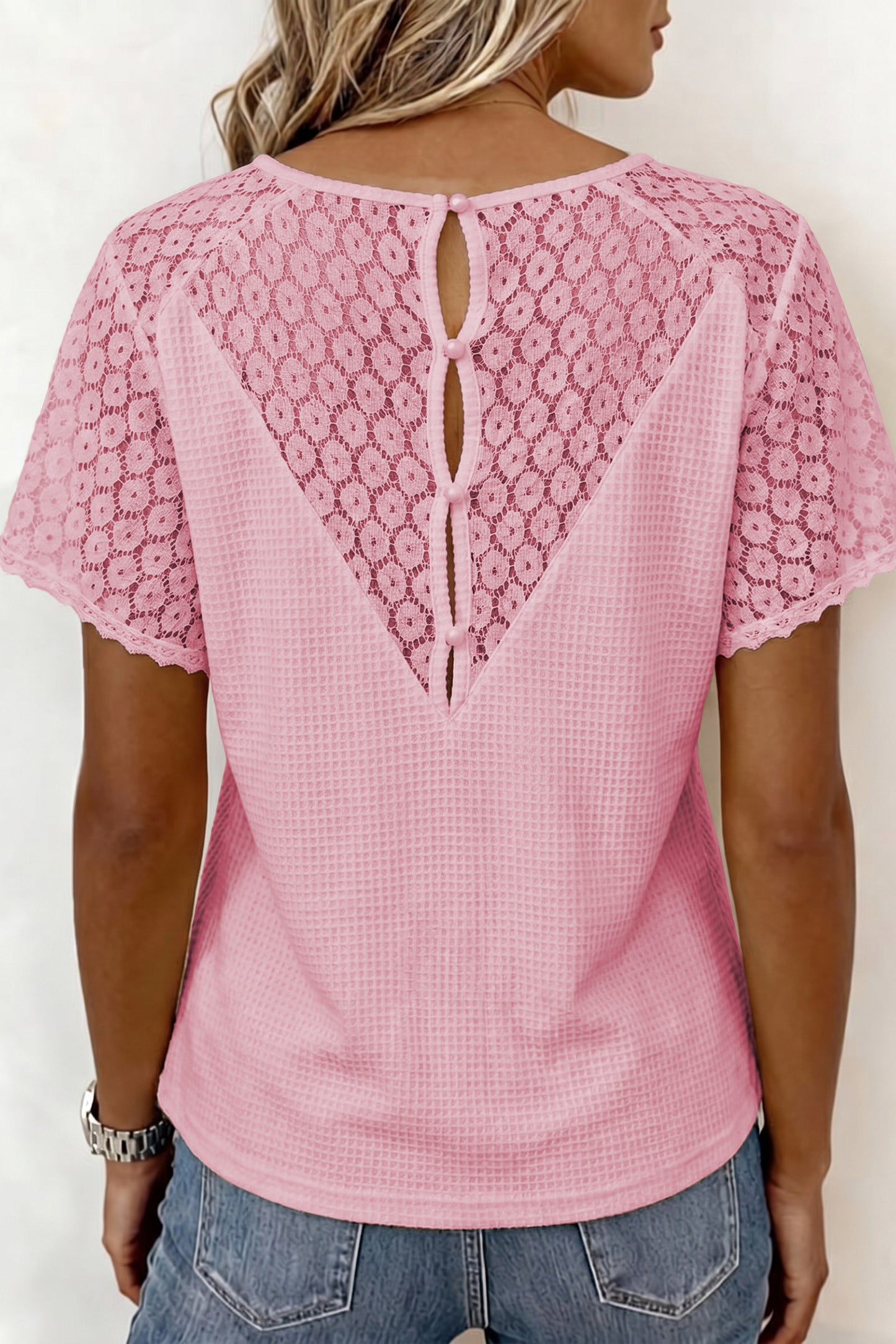 Pink Lace Splicing Button Cutout V Neck Waffle Knit Blouse