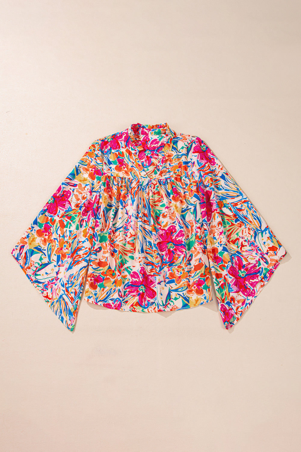 Multicolour Floral Print Bell Sleeve V Neck Blouse - Chic Meadow Boutique 