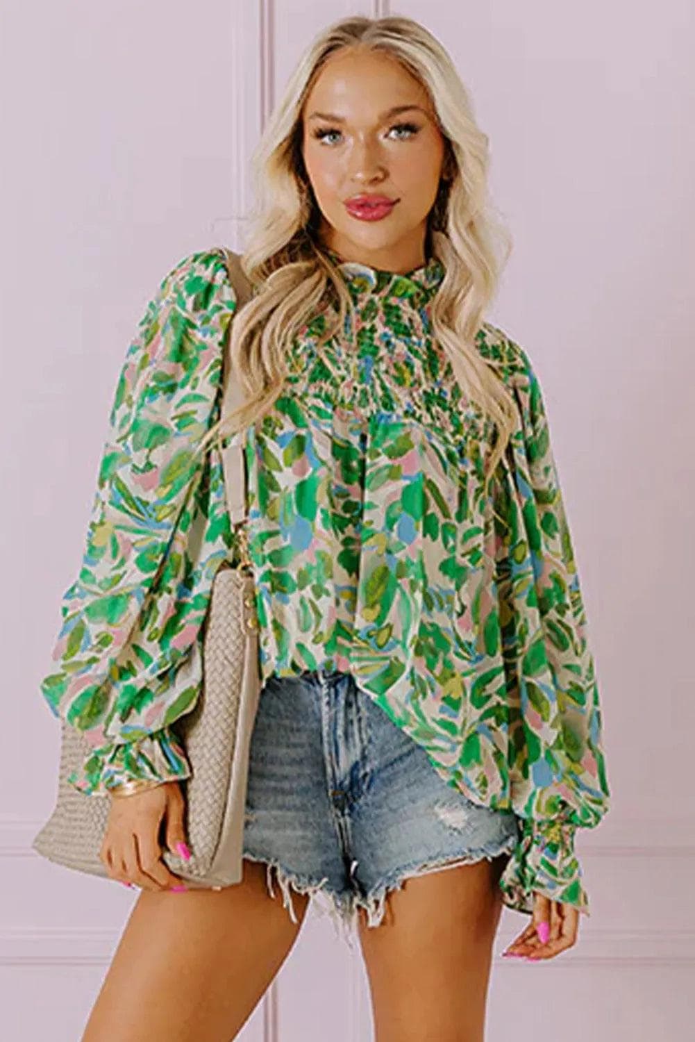 Tops/Blouses & Shirts Green Leafy Printed Flounce Sleeve Shirred Mock Neck Blouse