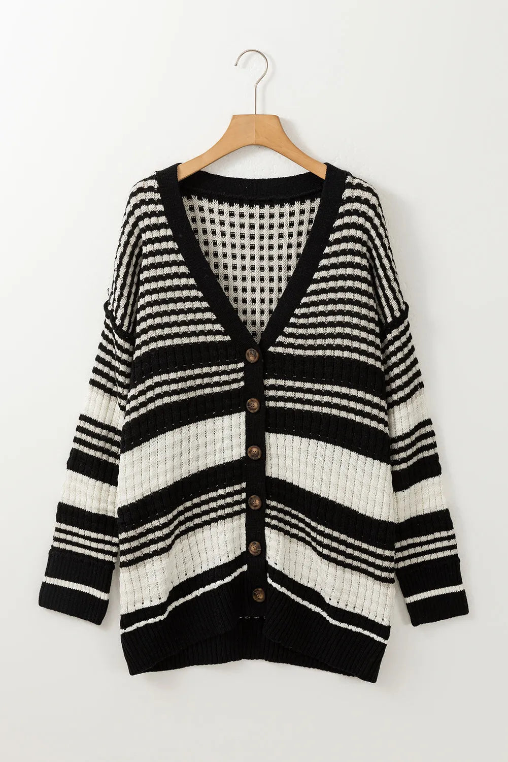 Black Colorblock Textured Knit Buttoned Cardigan - Chic Meadow Boutique 