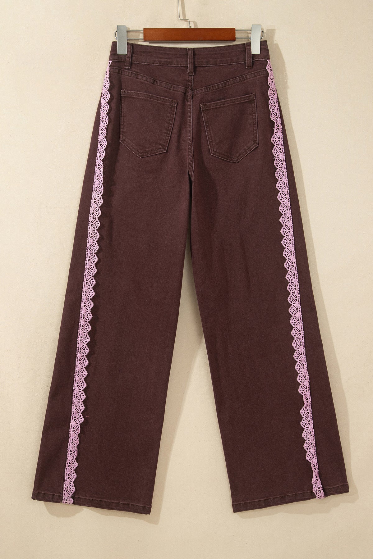 Coffee Lace Trim Casual Full-Length Regular Fit Jeans