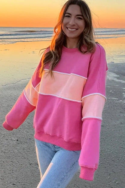 Sachet Pink Colorblock Patchwork Drop Shoulder Ribbed Trim Sweatshirt - Chic Meadow Boutique 