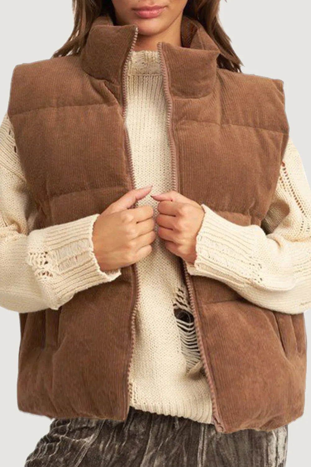 Coffee Corduroy Stand Neck Zipped Puffer Vest - Chic Meadow Boutique 