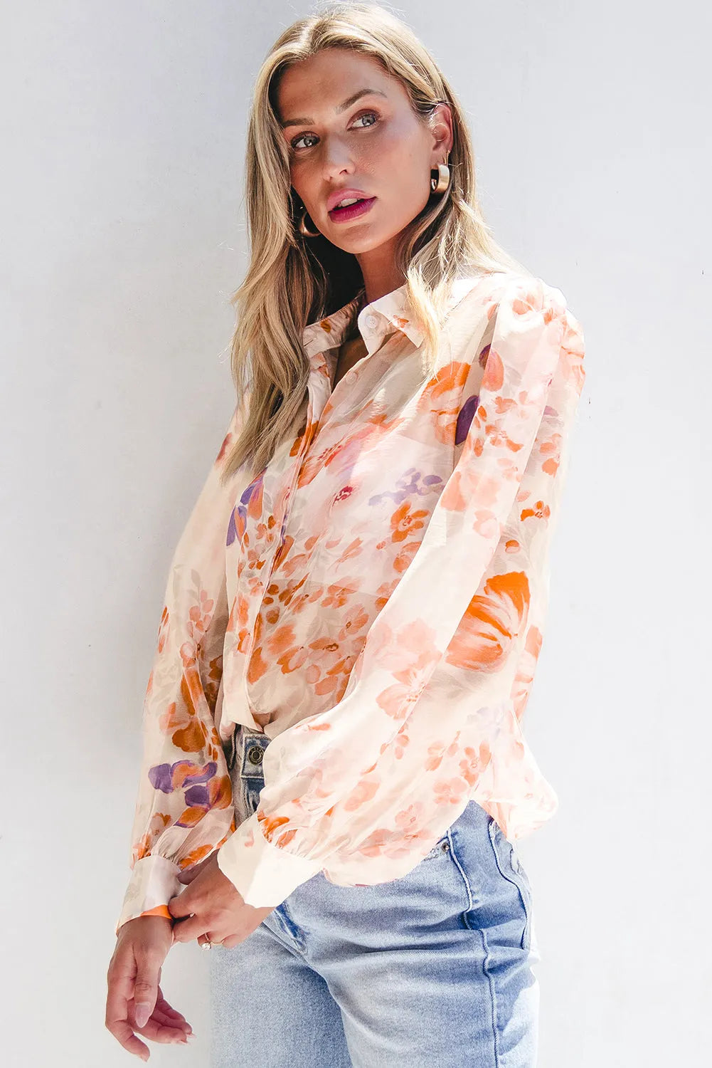 White Floral Print Collared Balloon Sleeve Loose Shirt - Chic Meadow Boutique 