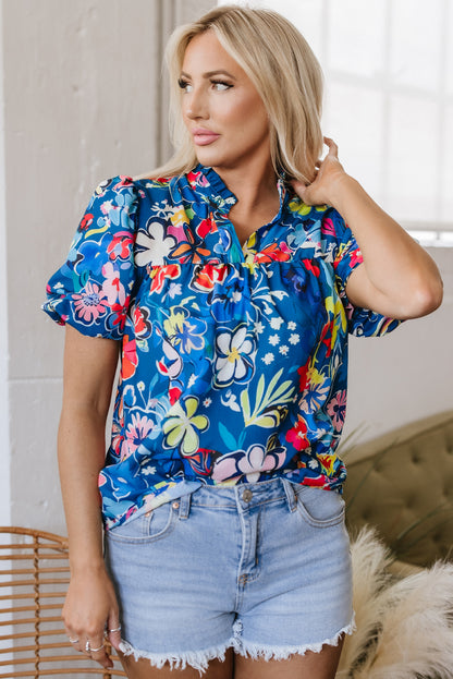 Blue Flower Print Collared V Neck Puff Short Sleeve Loose Blouse