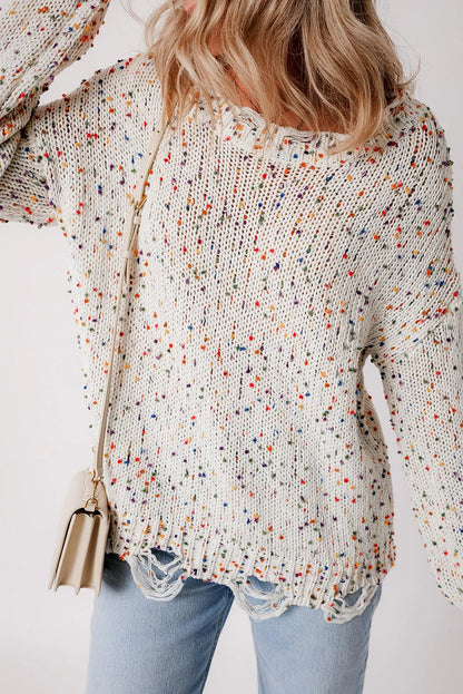 White Colorful Confetti Distressed Knit Sweater - Chic Meadow Boutique 