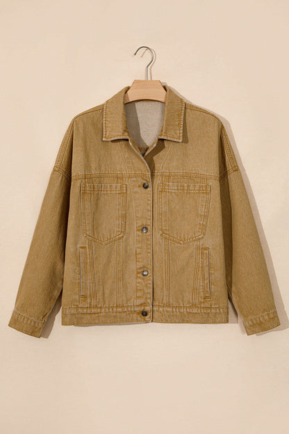 honey gold Metal Button Front Long Sleeve Collar Denim Jacket