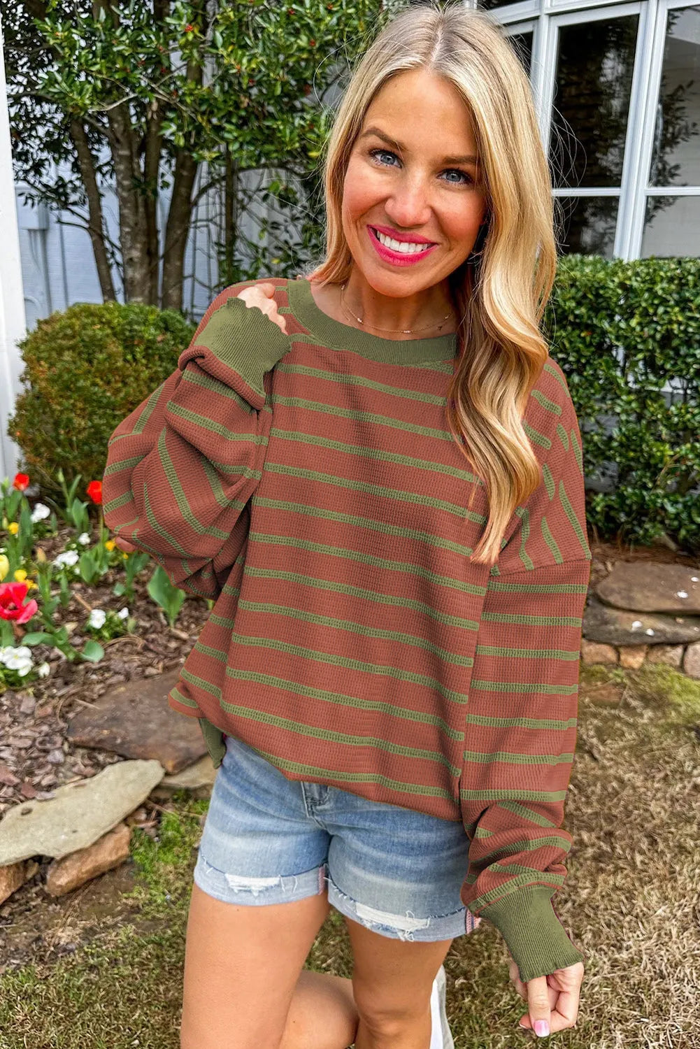 Brown Stripe Trimmed Round Neck Drop Shoulder Loose Sweater - Chic Meadow Boutique 