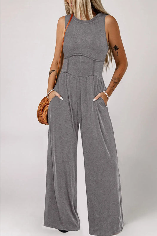 Bottoms/Jumpsuits & Rompers Medium Grey / S / 93%Viscose+7%Elastane Medium Grey Cinched Waist Sleeveless Wide Leg Jumpsuit