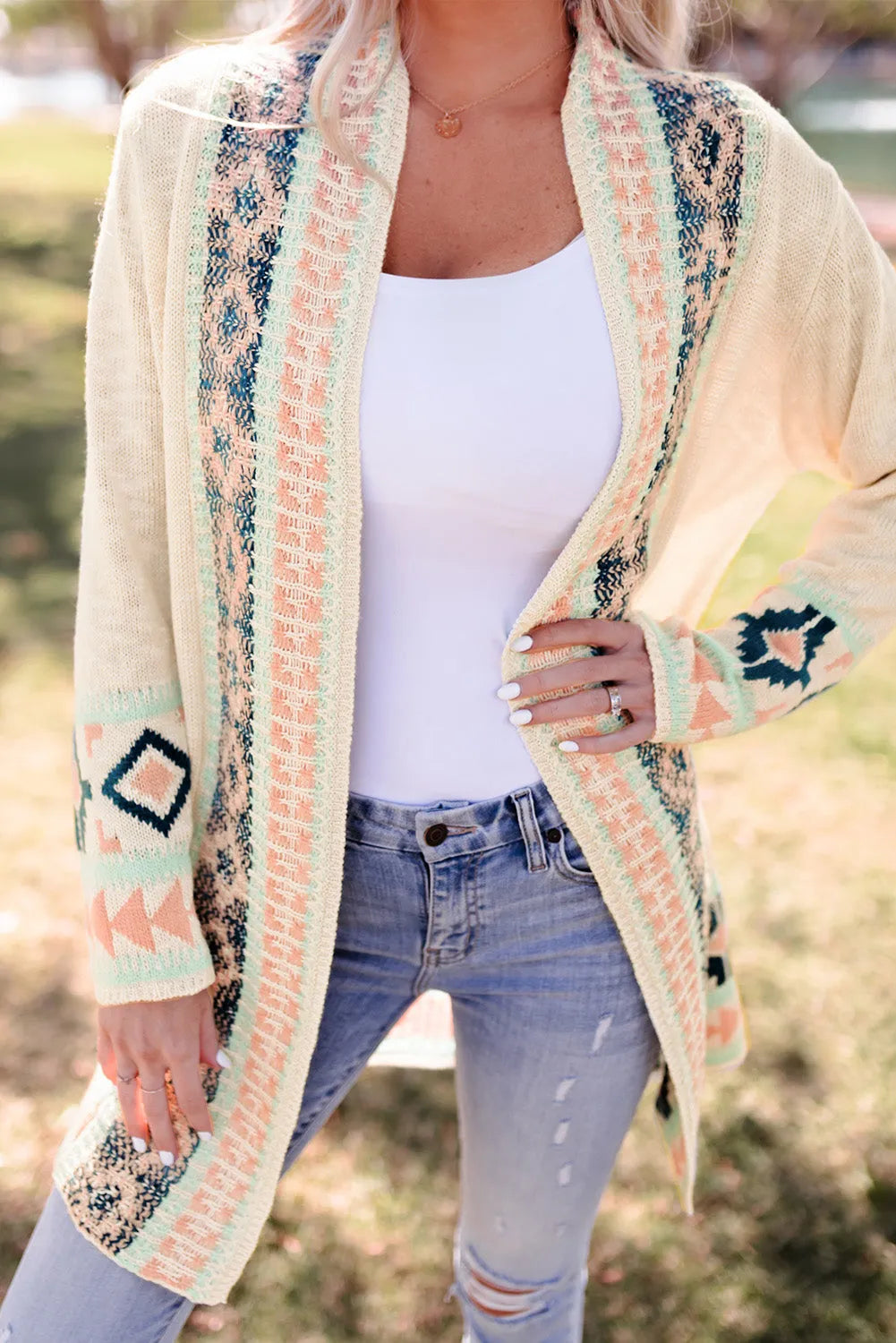 Apricot Aztec Print Open Front Cardigan - Chic Meadow Boutique 