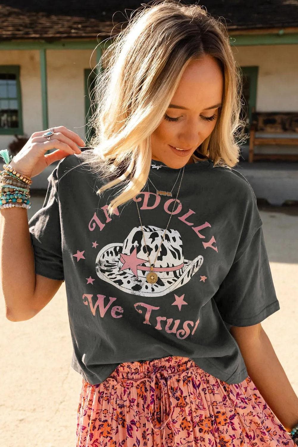 Tops/Tops & Tees Gray WE TRUST IN DOLLY Western Fashion Graphic Tee