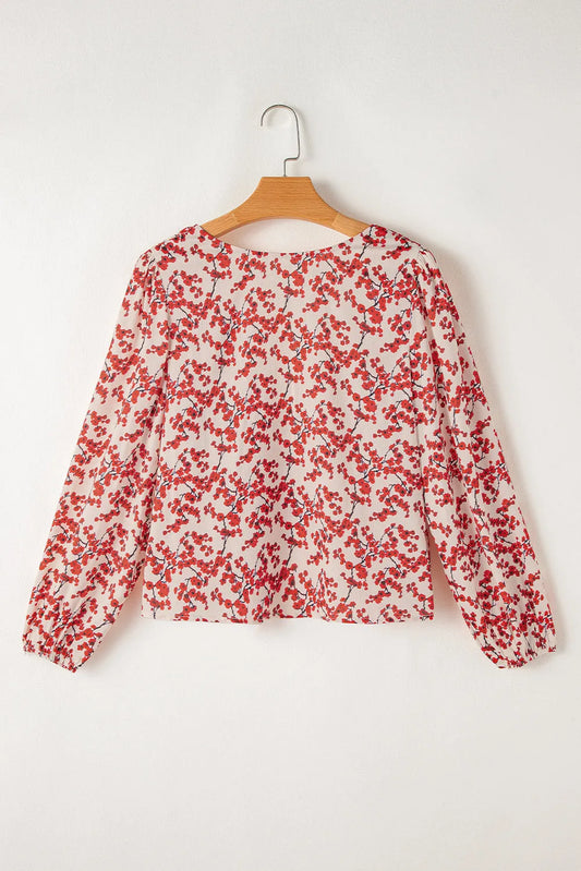 Red Floral Print Long Sleeve Open Back Blouse - Chic Meadow Boutique 