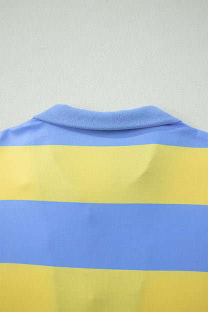 Yellow Stripe Half Zipper Placket Bracelet Sleeve Top Casual Shorts Set