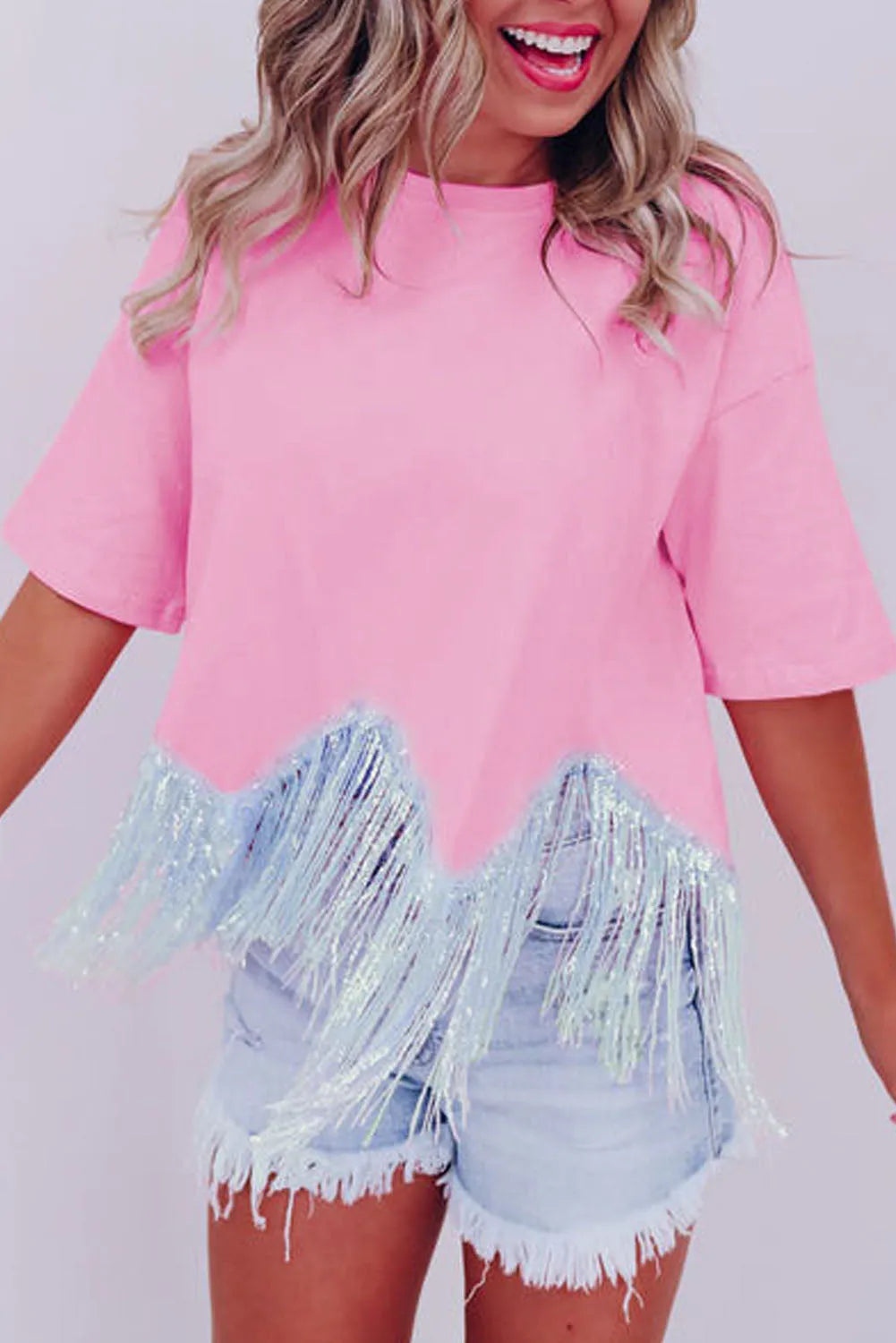 Pink Fringed Sequin Crop T-shirt - Chic Meadow Boutique 