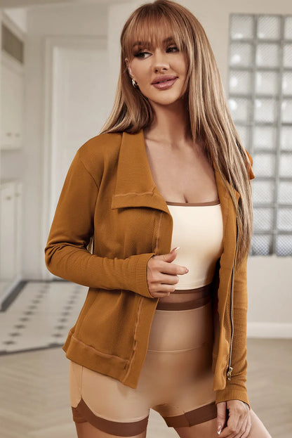 Brown Collared Asymmetric Ribbed Detail Motor Jacket - Chic Meadow Boutique 