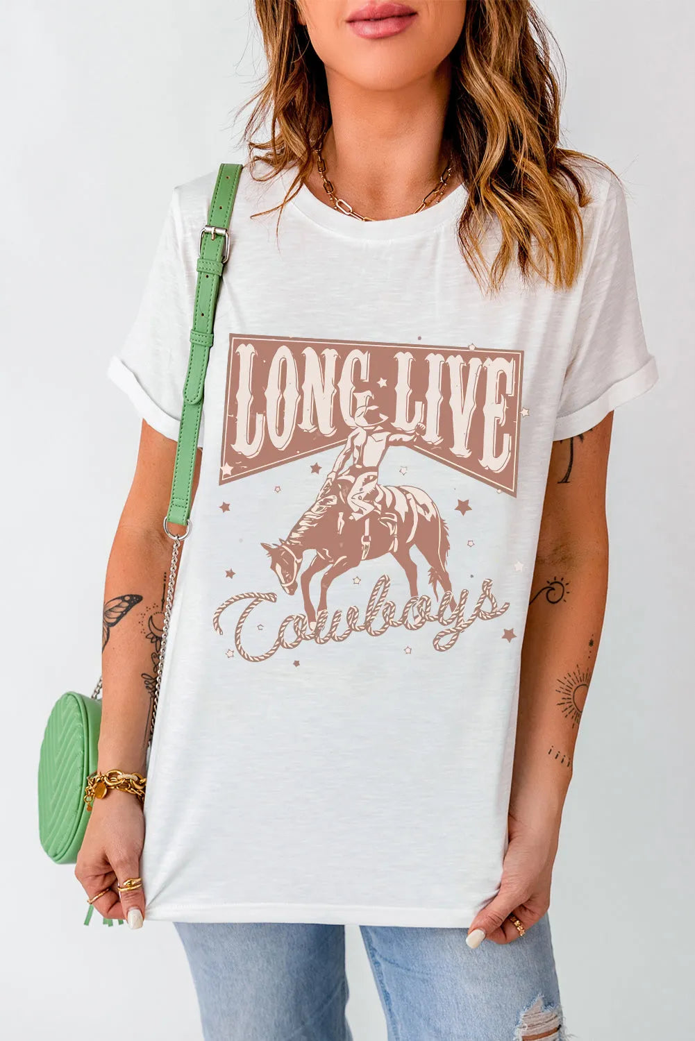 White LONG LIVE Cowboy Graphic Crewneck T Shirt - Chic Meadow Boutique 