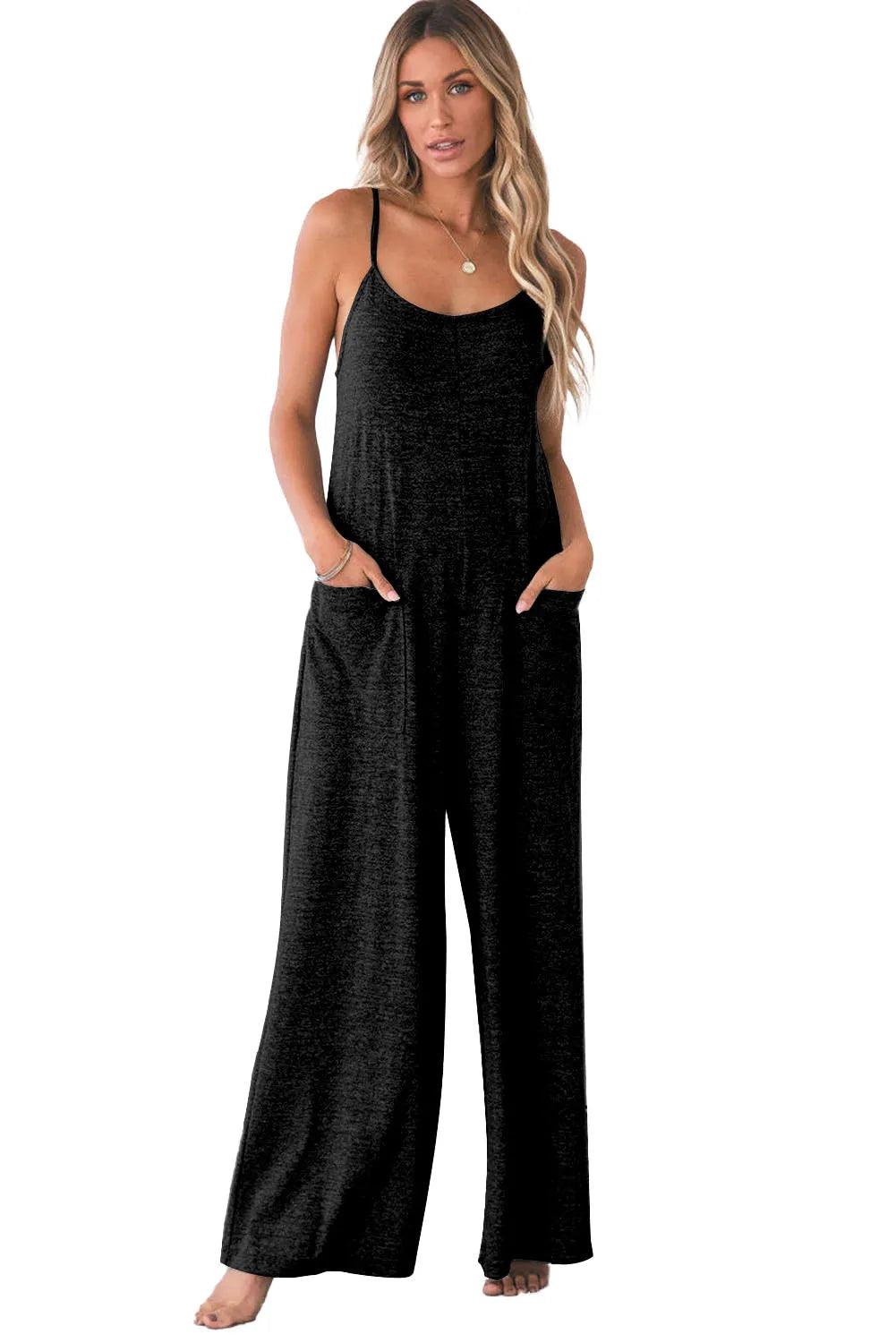 Black Patch Pockets Spaghetti Strap Wide Leg Jumpsuit - Chic Meadow Boutique 