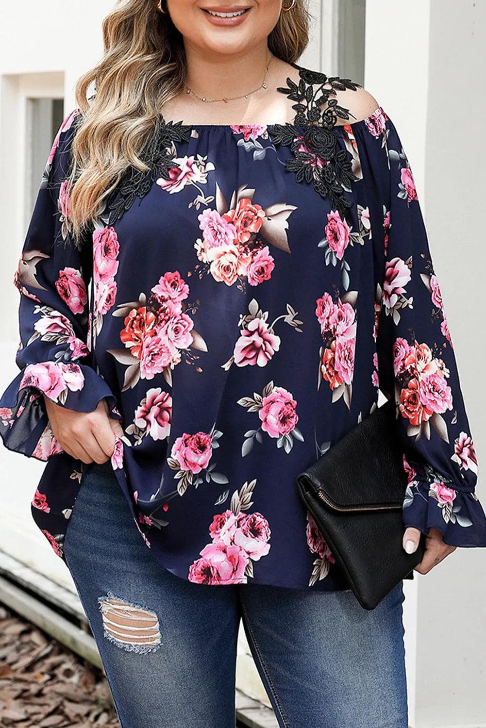 Plus Size/Plus Size Tops/Plus Size Blouses & Shirts Navy Blue Plus Size Crochet Detail Cold shoulder Floral Blouse