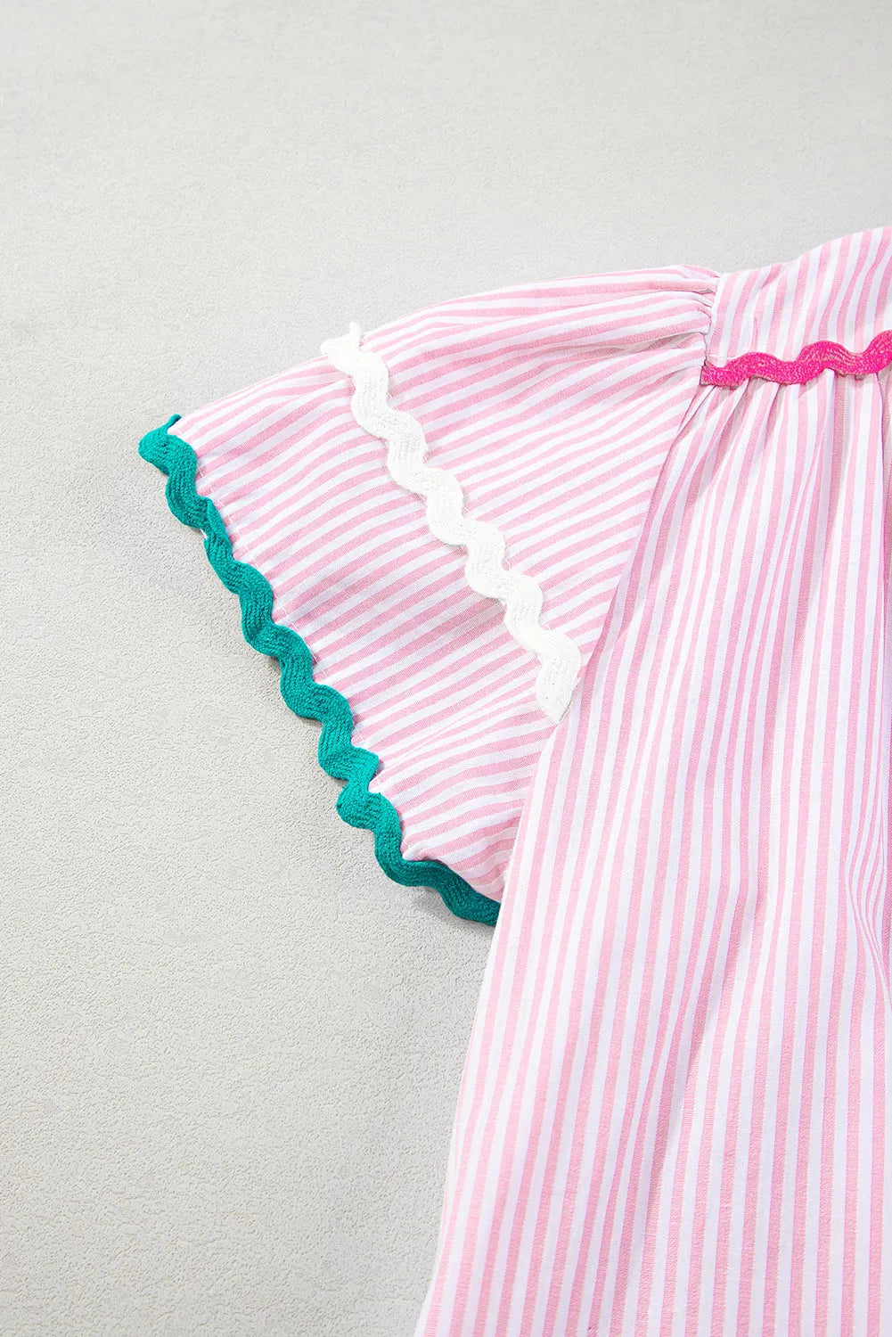 Pink Stripe Ricrac Trim Split Neck Striped Ruffled Sleeve Blouse - Chic Meadow Boutique 