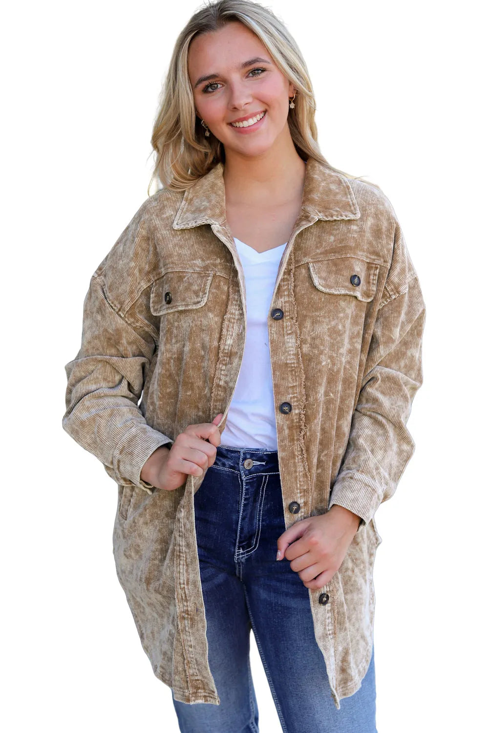 Khaki Vintage Distressed Mineral Wash Oversized Shacket - Chic Meadow Boutique 