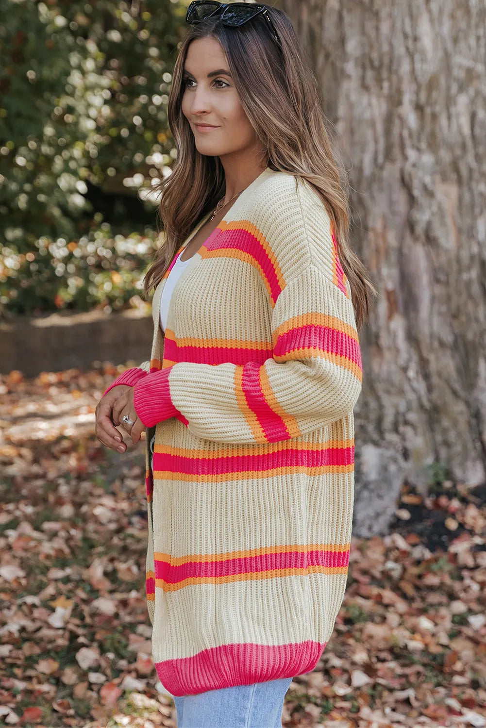 Stripe Printed Ribbed Long Knitted Cardigan - Chic Meadow Boutique 