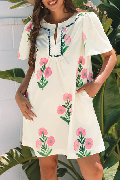 Apricot Floral Short Sleeve Split Neck Loose Mini Dress