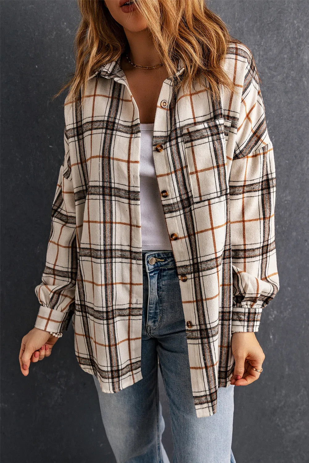 White Oversized Plaid Pattern Shacket with Slits - Chic Meadow Boutique 