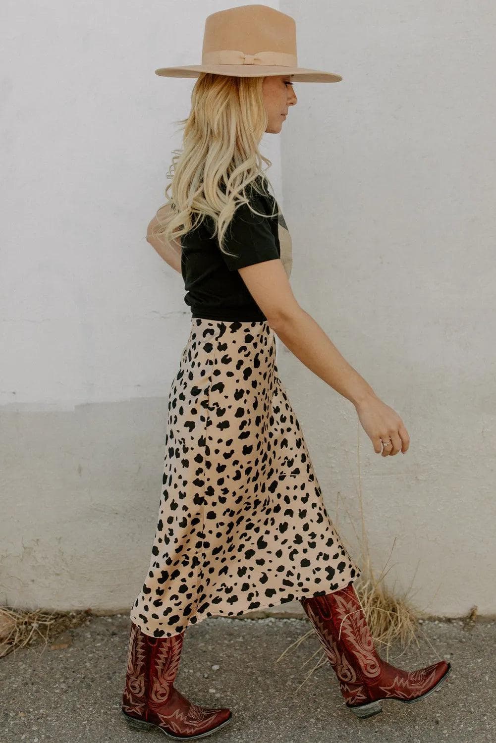 Khaki Leopard Spots Printed Split Hem Midi Skirt - Chic Meadow Boutique 