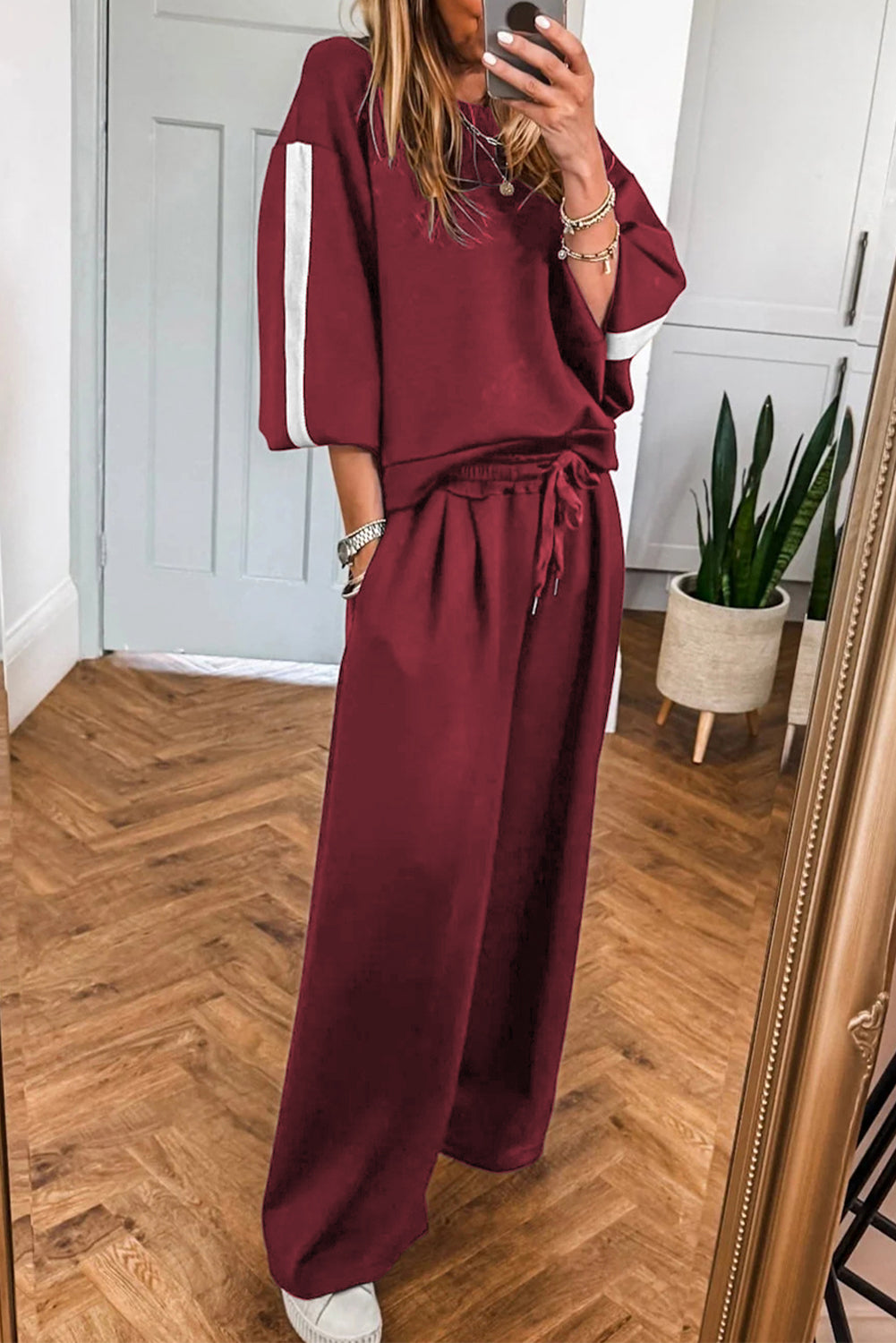 Burgundy Varsity Striped 3/4 Sleeve Pullover Drawstring Sweatpants Set