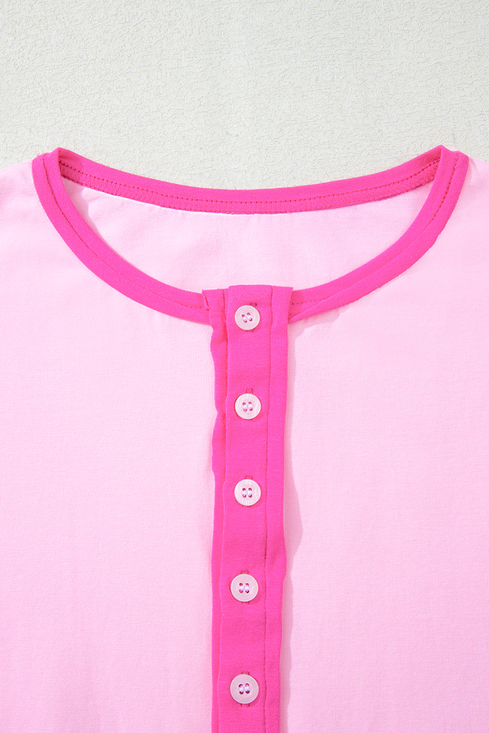 Pink Solid Color Half Sleeve Buttons Henley Top