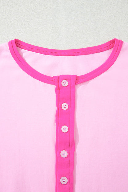 Pink Solid Color Half Sleeve Buttons Henley Top