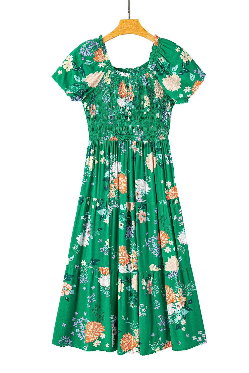 Green Floral Print Bubble Sleeve Smocked Tiered Midi Dress - Chic Meadow Boutique 