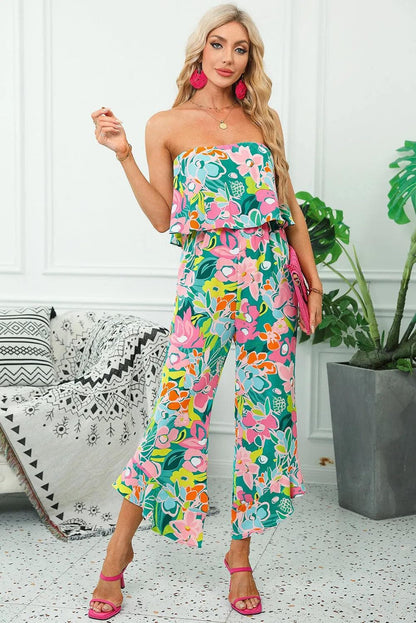 Bottoms/Jumpsuits & Rompers Green Mix Tropical Print Strapless Ruffled Jumpsuit