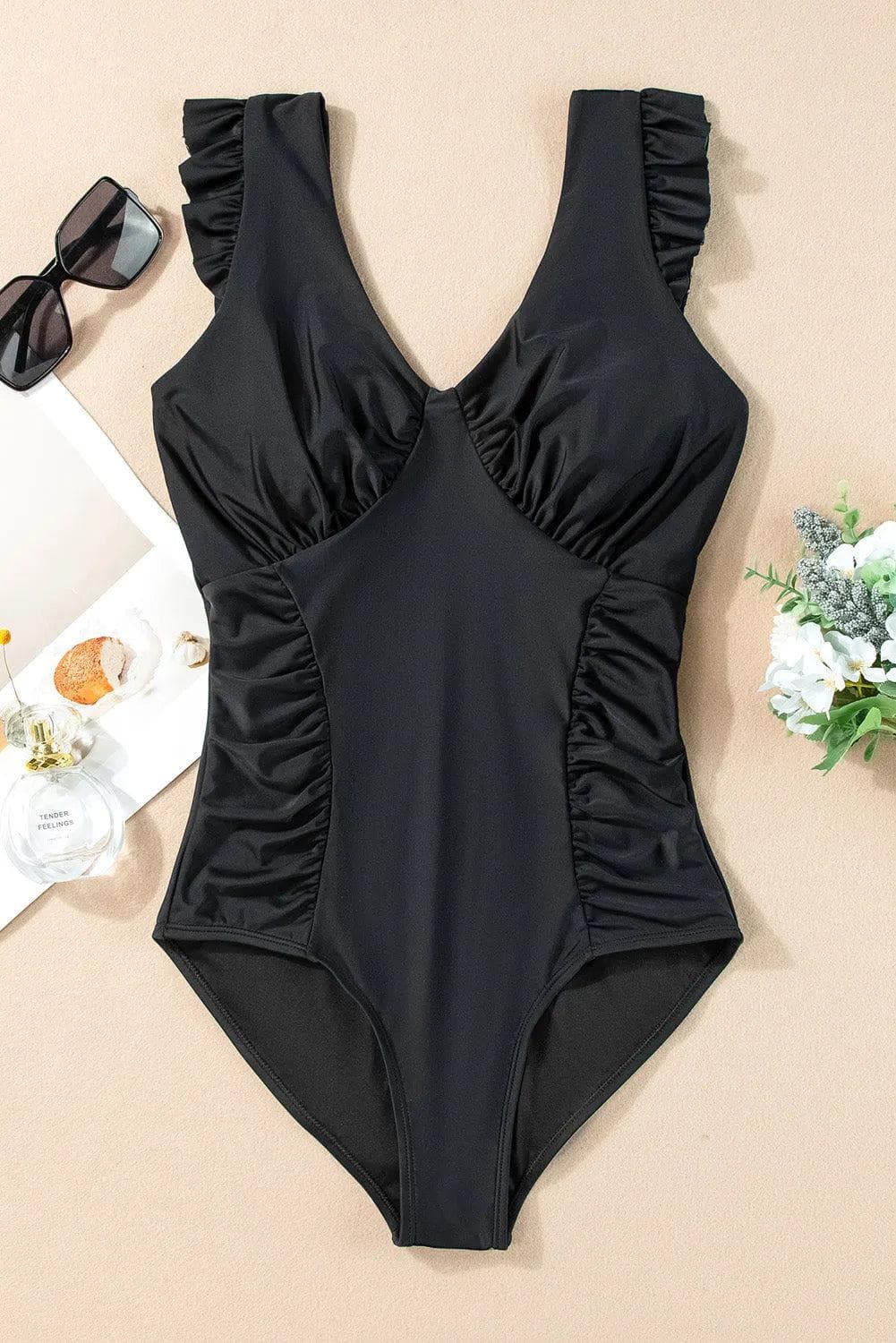 Black Ruffled Trim Ruched One Piece Bathing Suit - Chic Meadow Boutique 