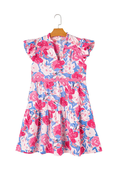 Pink Floral Printed V Notched Ric Rac Flutter Sleeve Dress - Chic Meadow Boutique 