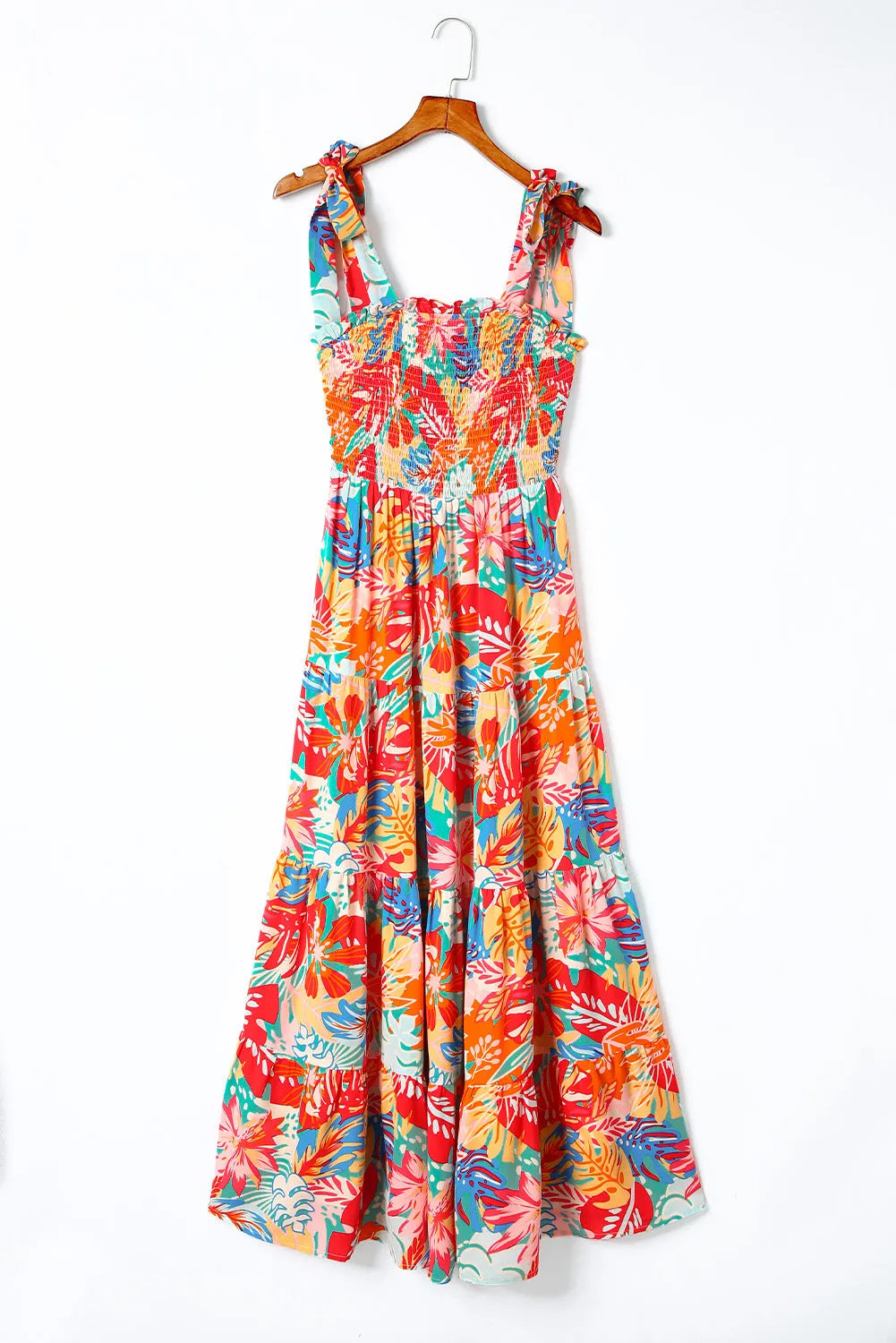 Multicolor Vibrant Tropical Print Smocked Ruffle Tiered Maxi Dress - Chic Meadow Boutique 