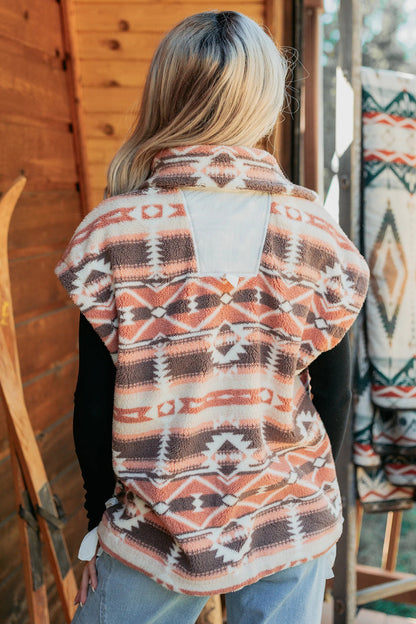 Multicolour Geometric Print Fleece Metal Button Placket Shift Silhouette Vest