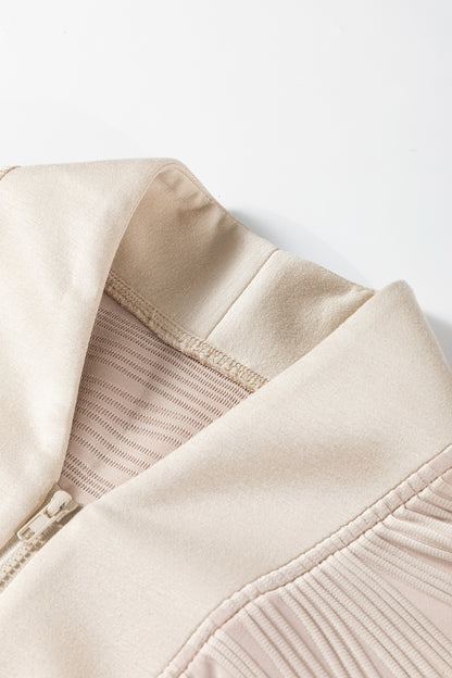 Parchment Solid Color Textured Zip V Neck Pullover Sweatshirt