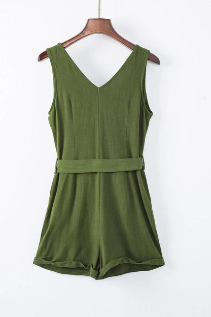 Bottoms/Jumpsuits & Rompers Green Button V Neck Romper with Belt