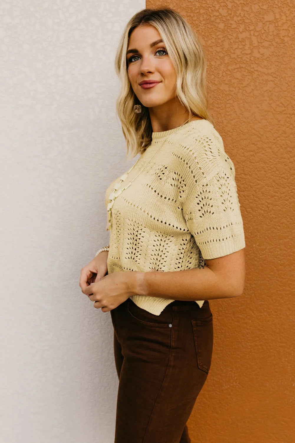 Beige Knitted Hollow out Short Sleeve Crop Sweater - Chic Meadow Boutique 