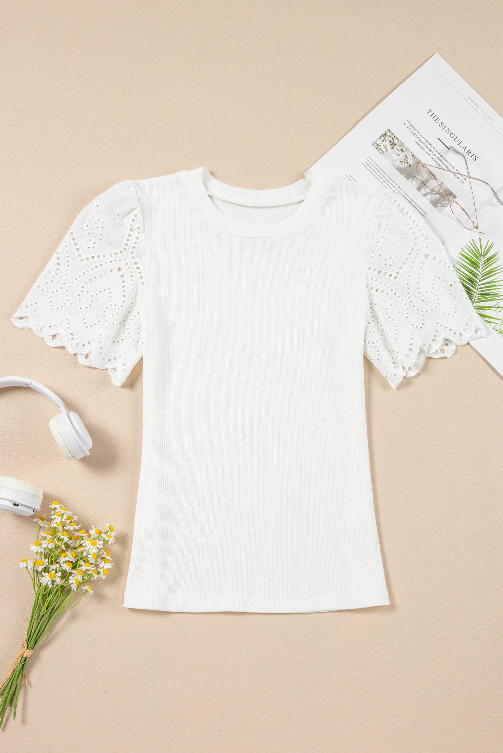 White Eyelet Pattern Short Sleeve Patchwork Ribbed Top